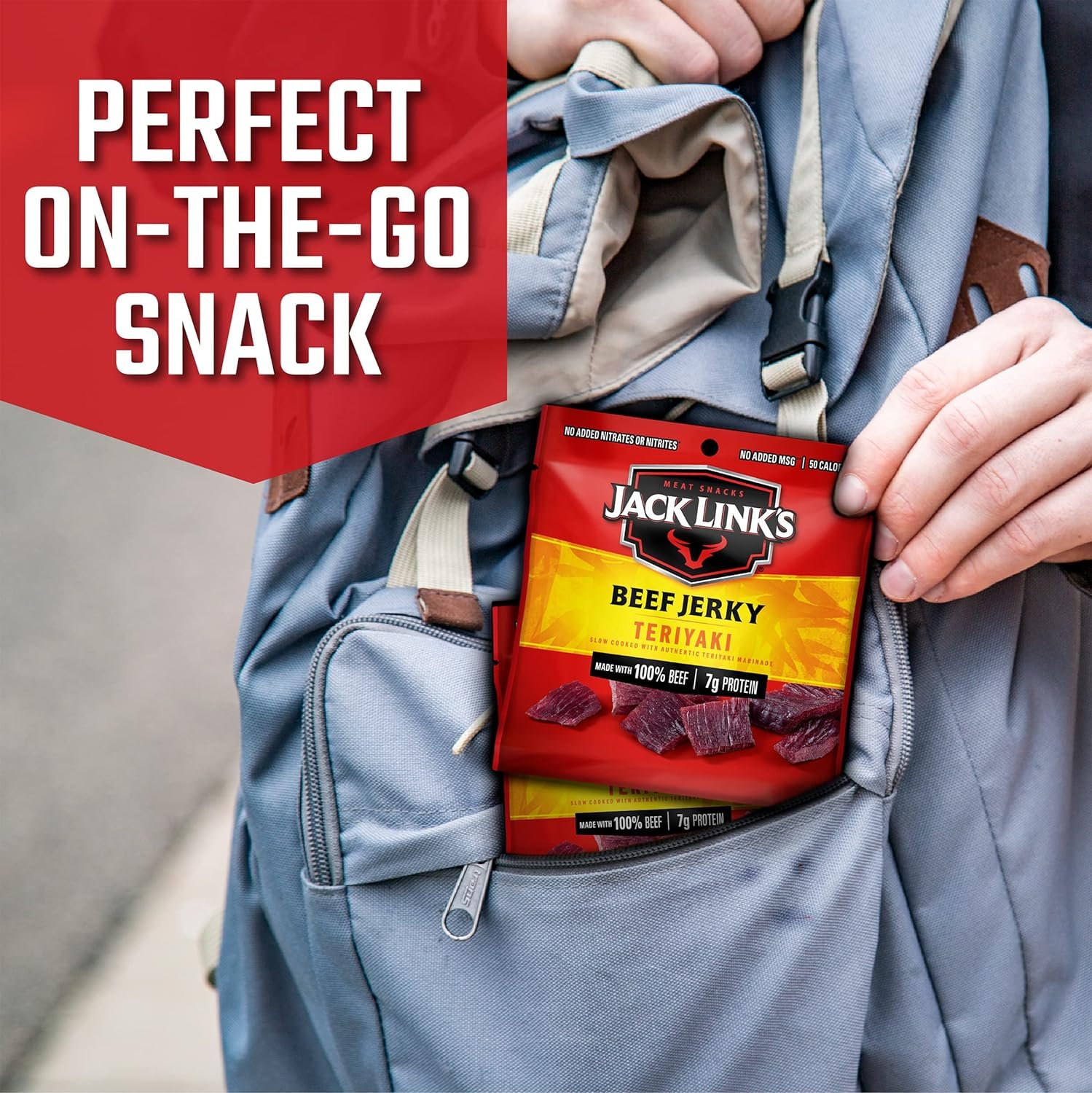 Jack Link's Beef Jerky, Teriyaki, Multipack Bags - Flavorful Meat Snack for Lunches, Ready to Eat - 7g of Protein, Made with Premium Beef, No Added MSG - 0.625 oz (Pack of 20) - Image 3